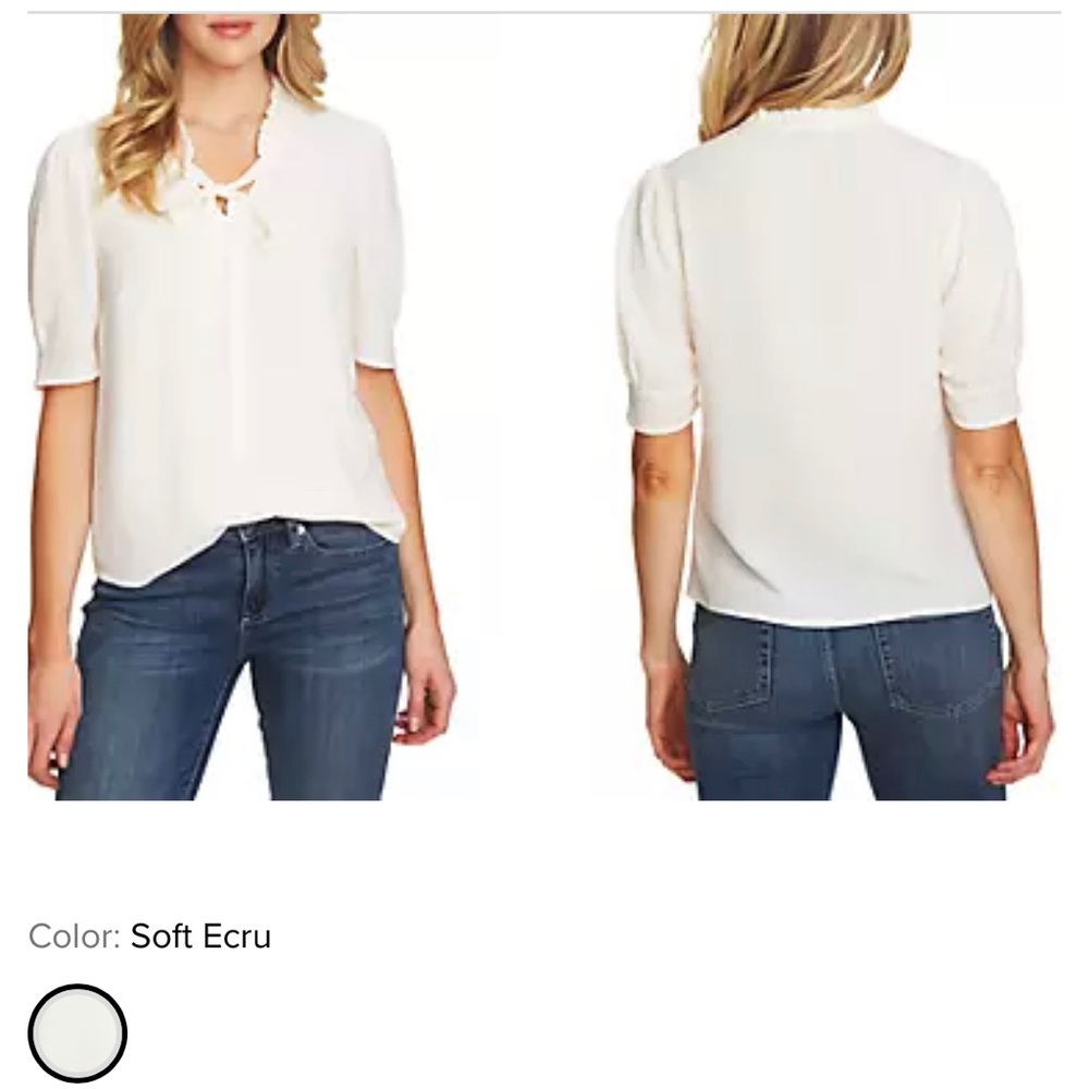 CeCe Short Sleeve Ruffle V-neck Tie Blouse in Soft Ecru, Size: Large.